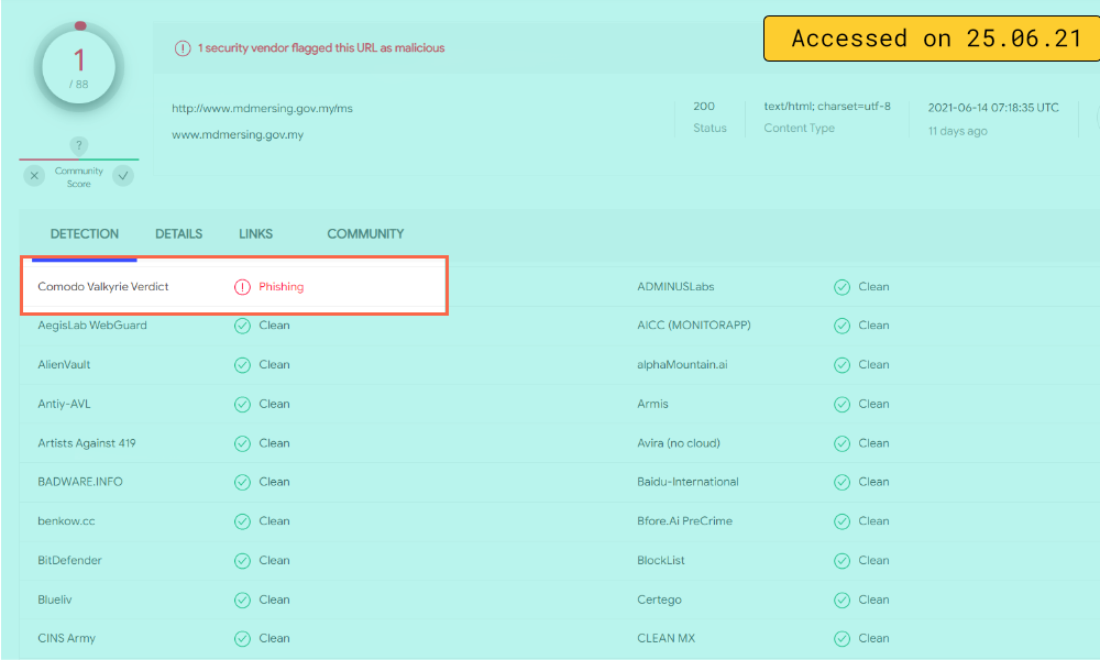 The Mersing District Council website was flagged by VirusTotal for phishing attack.